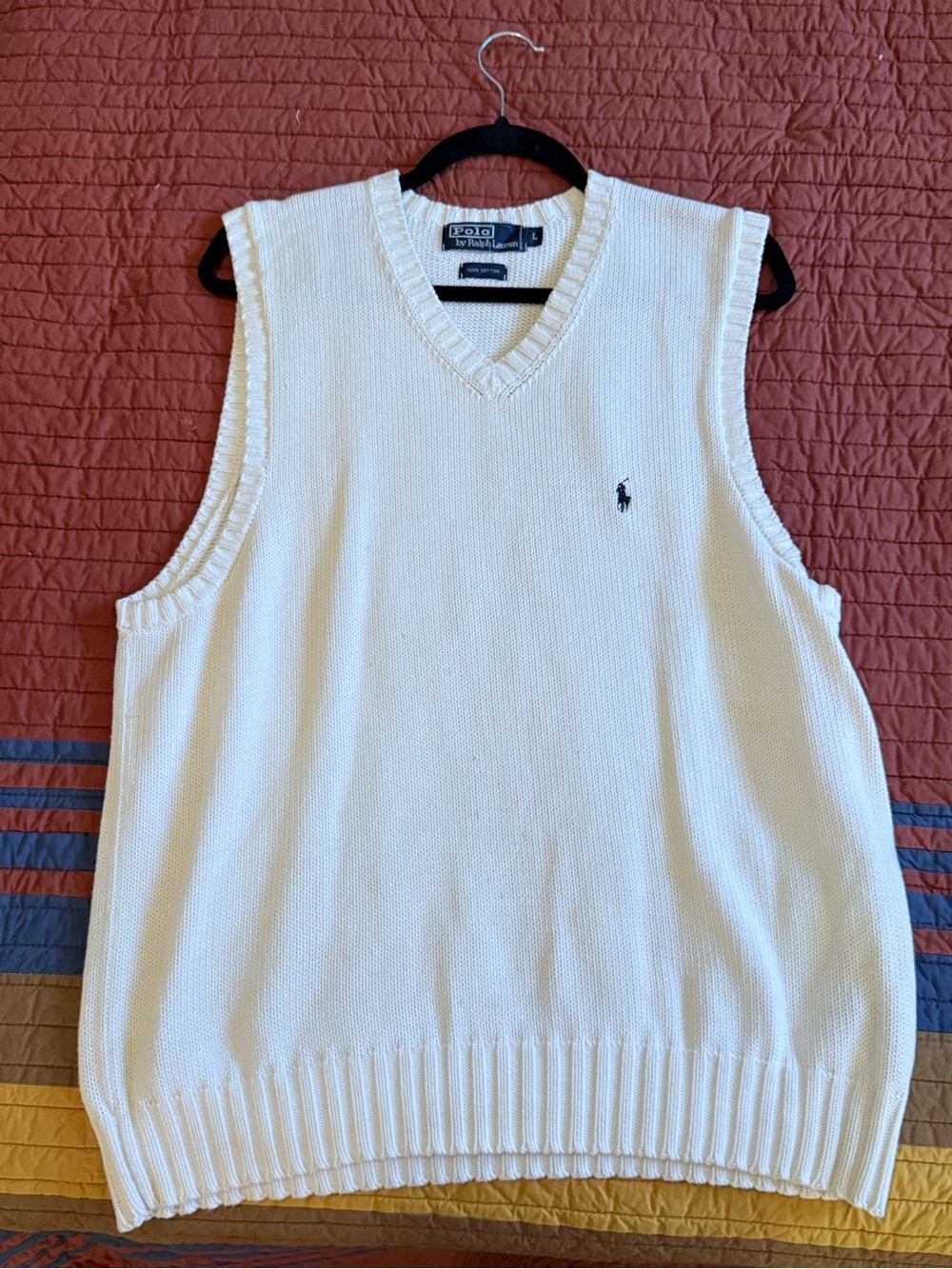 Ralph Lauren Cream V-Neck Knit Sweater Vest with Navy Pony